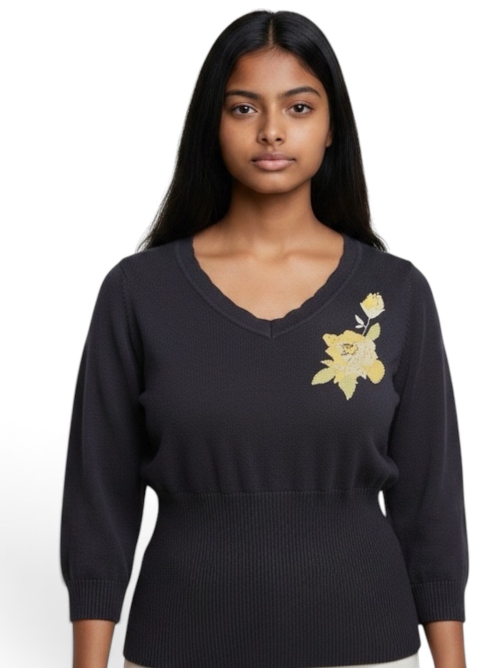 Vintage Emma James Black V-Neck Floral Appliqué Sweater XL EUC Y2K Grandma Boho